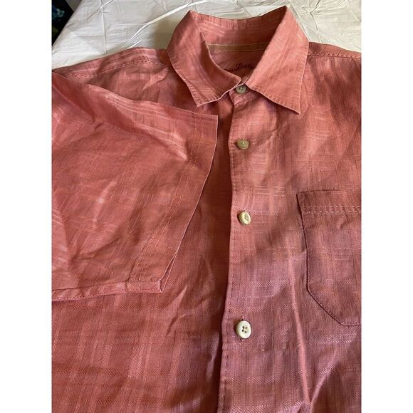 Men's Tommy Bahama Dark Pink 100% Linen Plaid Design Short Sleeve Shirt-Size Med